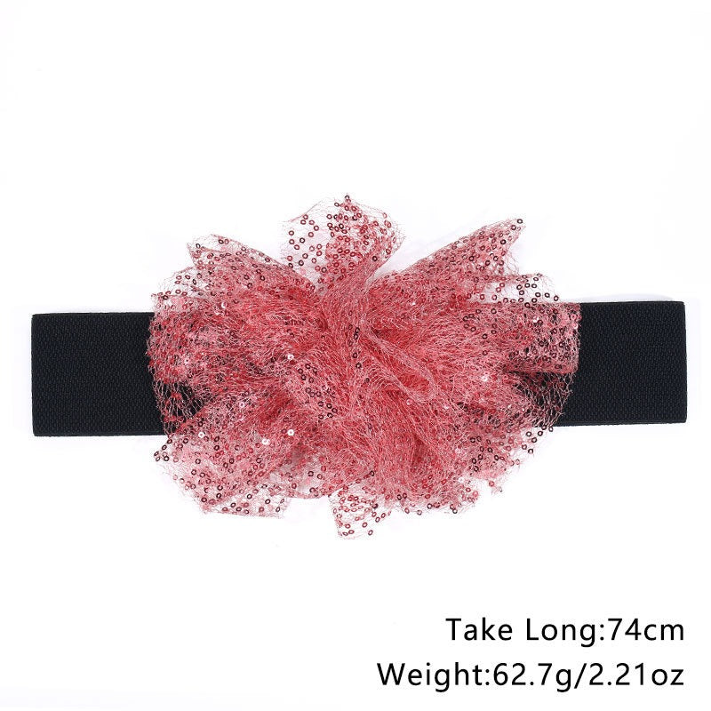 Fashionable waistband with elastic mesh sequins and simulated flower waist belt