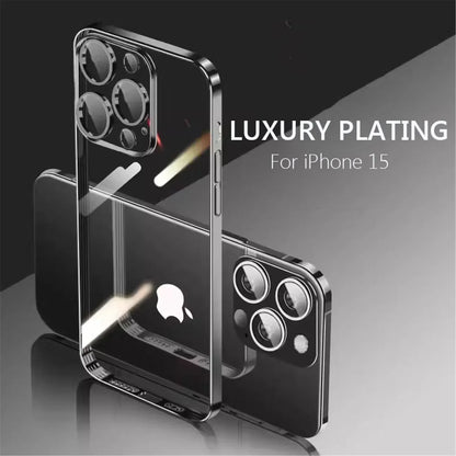 Electroplating TPU transparent phone case for iPhone 16, Apple 15 with lens film, 14 Pro anti drop protective cover, 13