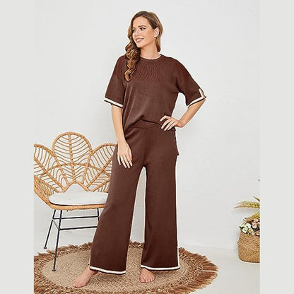 New summer knitted suit sweater suit short-sleeved pullover wide-leg pants