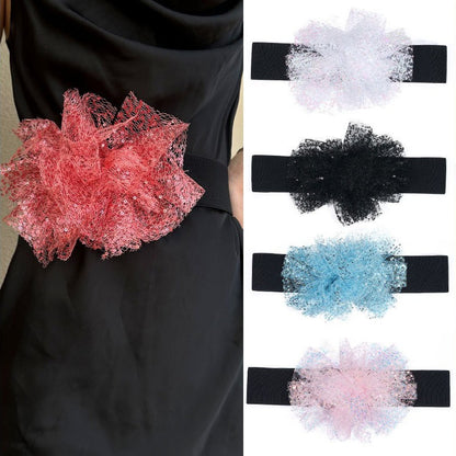 Fashionable waistband with elastic mesh sequins and simulated flower waist belt