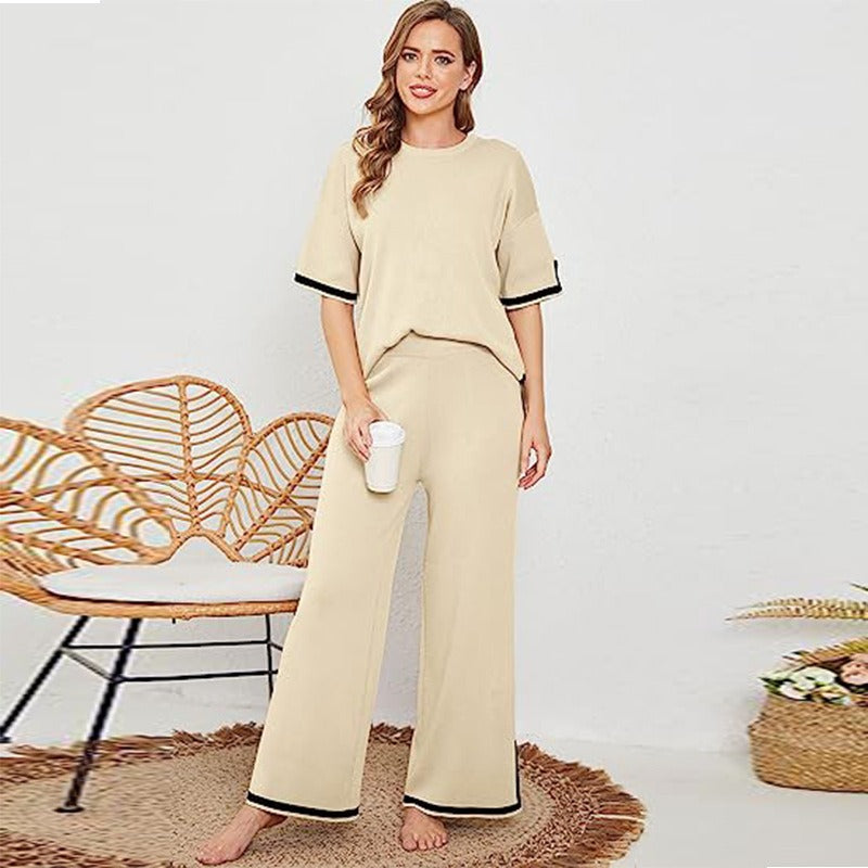 New summer knitted suit sweater suit short-sleeved pullover wide-leg pants