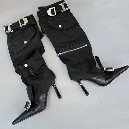 High heels pointed toes knee length belt buckle long tube boots women's shoes