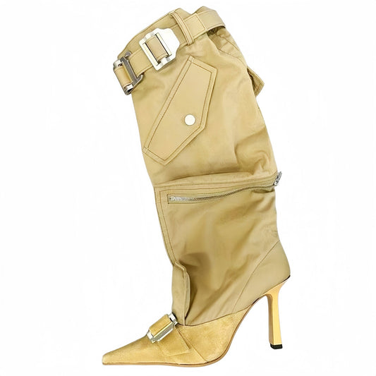 High heels pointed toes knee length belt buckle long tube boots women's shoes