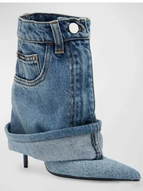 Women's Autumn/Winter Denim Fine High Heel Skirt Boots Fashion Pointed Large Women's Four Seasons Short Boots