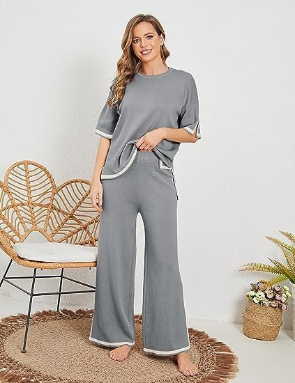 New summer knitted suit sweater suit short-sleeved pullover wide-leg pants