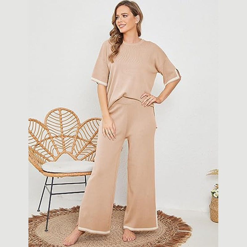 New summer knitted suit sweater suit short-sleeved pullover wide-leg pants