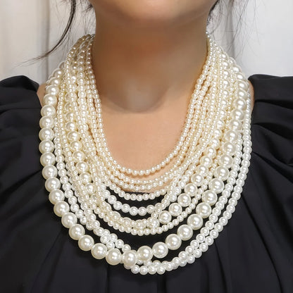 Exaggerated Elegent Multilayer Faux Pearl Crystal Necklace Women's Long Pearl Handmade Accessory