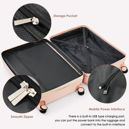 3-piece luggage set, 20 inches, ABS hard shell luggage with USB port and cup holder rotating wheel, pink color