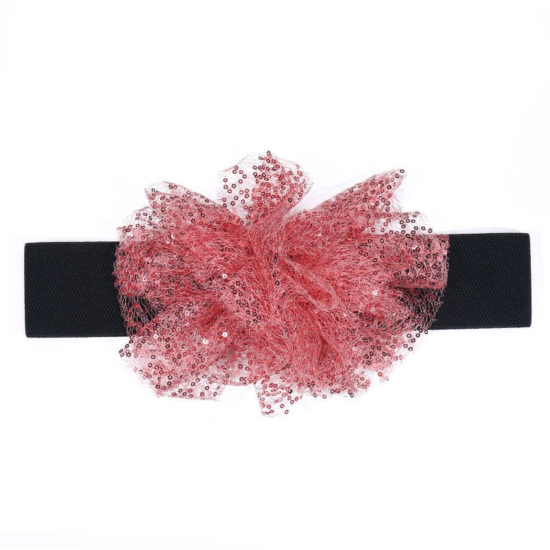 Fashionable waistband with elastic mesh sequins and simulated flower waist belt