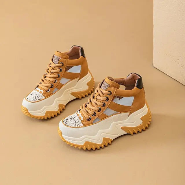 Thick Bottom Height Increase Shoes Female  Summer New Lace-up Fashion Sneakers Hollow Out Breathable Sports Womens Shoes