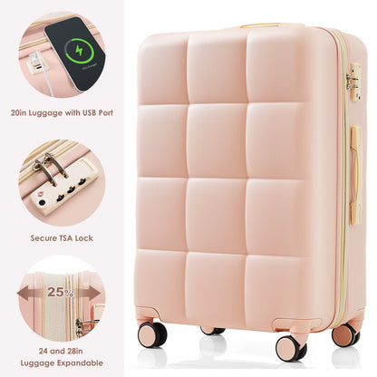 3-piece luggage set, 20 inches, ABS hard shell luggage with USB port and cup holder rotating wheel, pink color