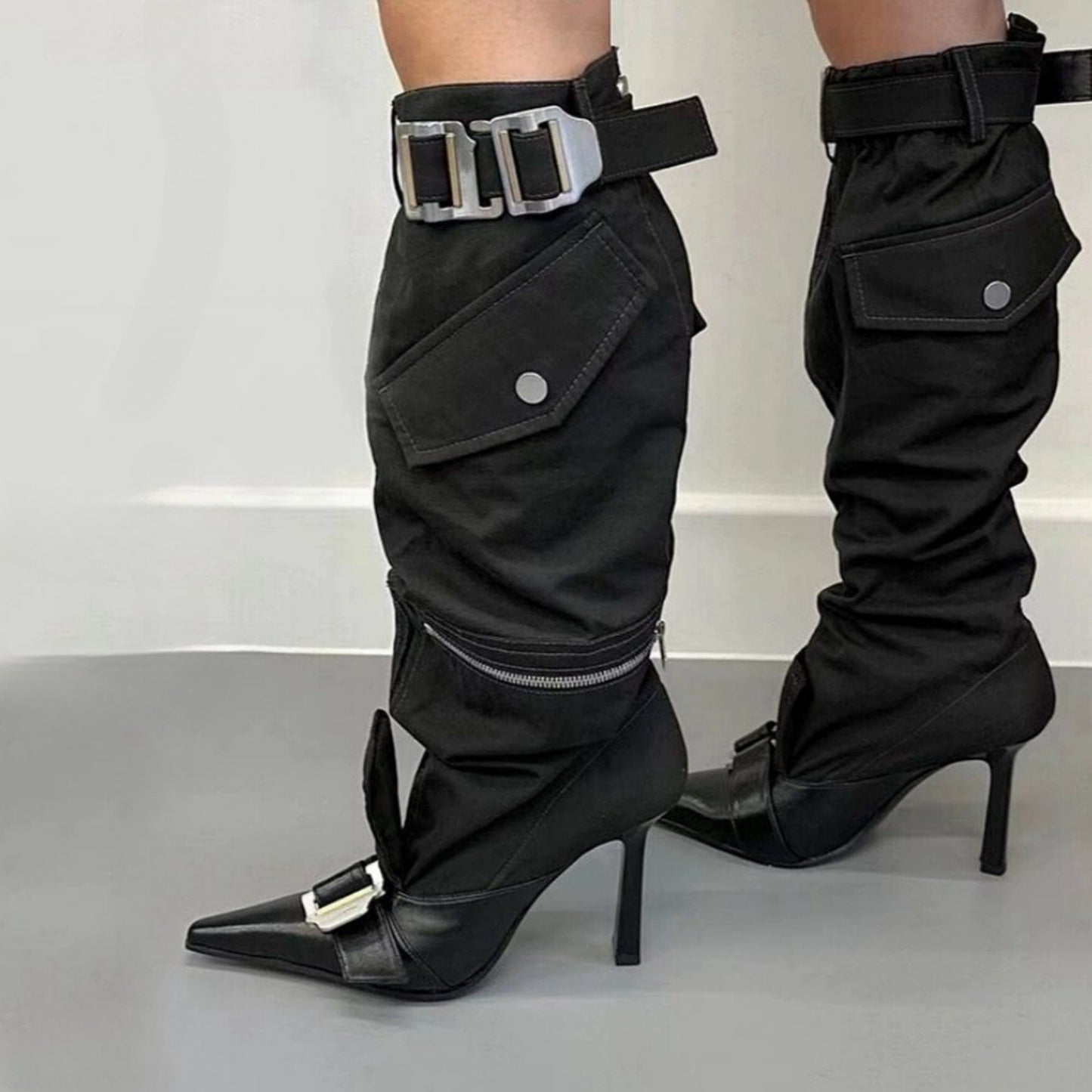 High heels pointed toes knee length belt buckle long tube boots women's shoes