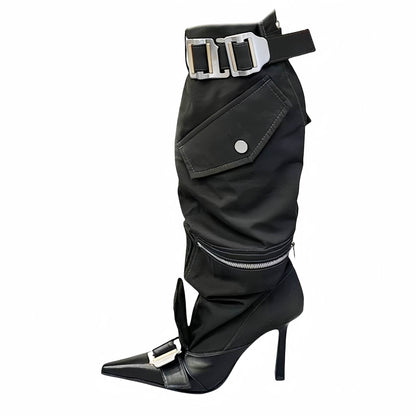 High heels pointed toes knee length belt buckle long tube boots women's shoes