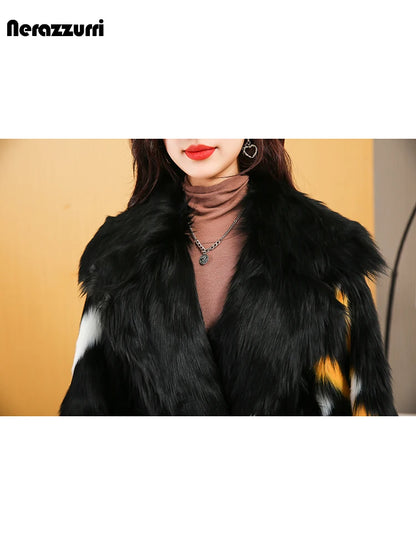 Nerazzurri Winter Long Colorful Shaggy Hairy Thick Warm Soft Faux Fox Fur Coat Women Sashes Stylish Luxury Designer Clothes