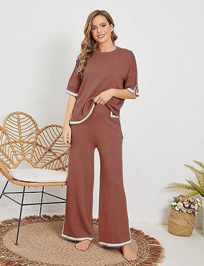 New summer knitted suit sweater suit short-sleeved pullover wide-leg pants