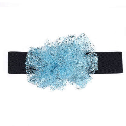 Fashionable waistband with elastic mesh sequins and simulated flower waist belt