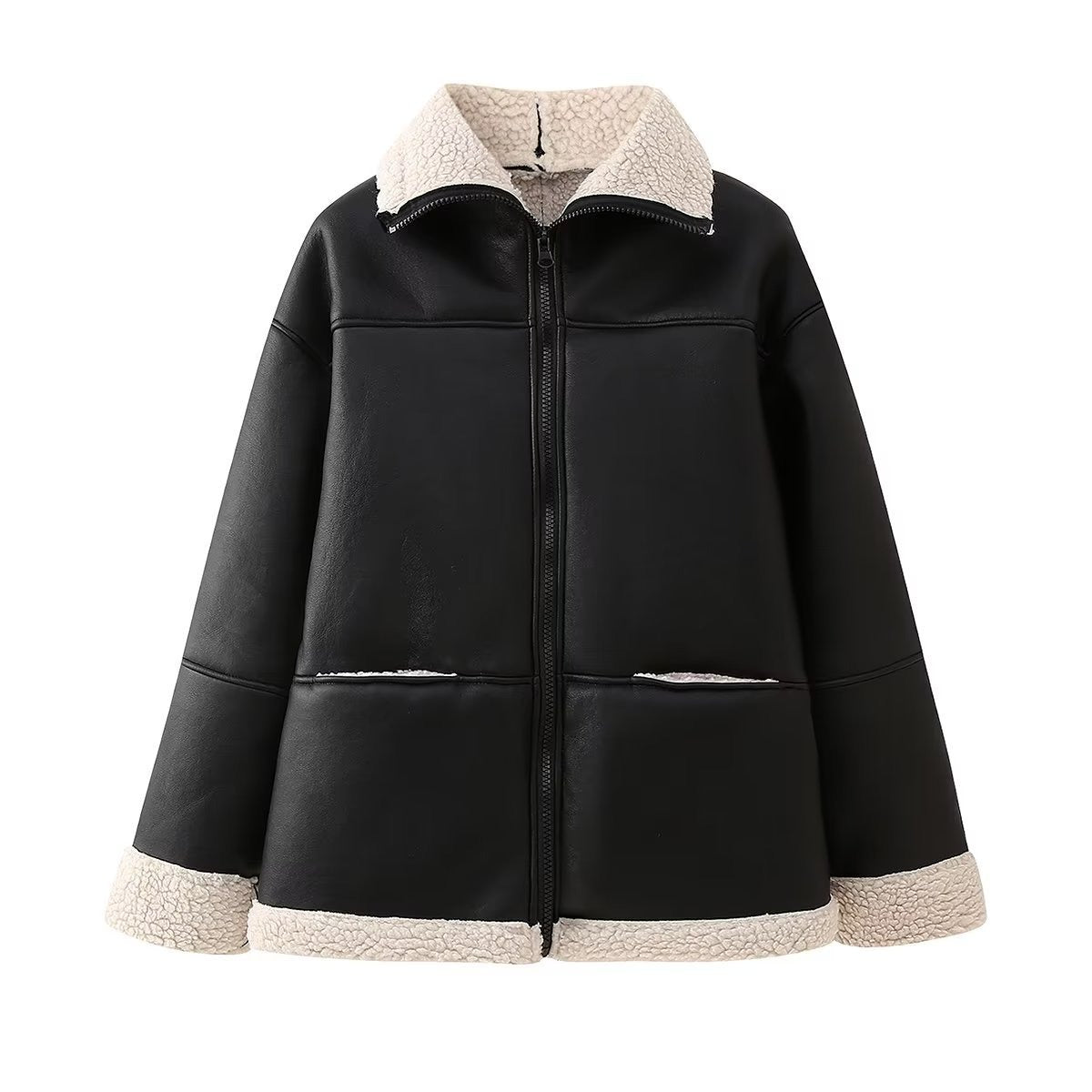 New Fashion Thick Warm Loose Fur Faux Leather Jacket Coat Vintage Long Sleeve Zipper Female Outerwear Chic Tops