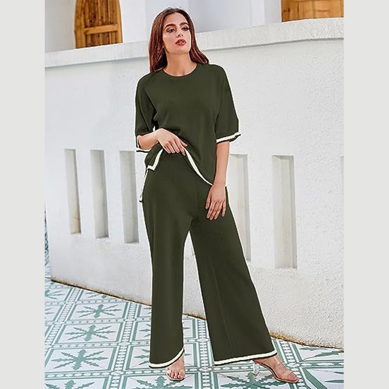 New summer knitted suit sweater suit short-sleeved pullover wide-leg pants