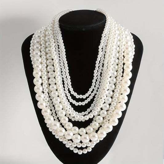 Exaggerated Elegent Multilayer Faux Pearl Crystal Necklace Women's Long Pearl Handmade Accessory