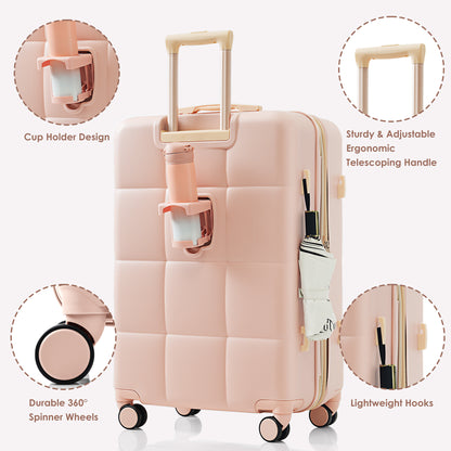 3-piece luggage set, 20 inches, ABS hard shell luggage with USB port and cup holder rotating wheel, pink color