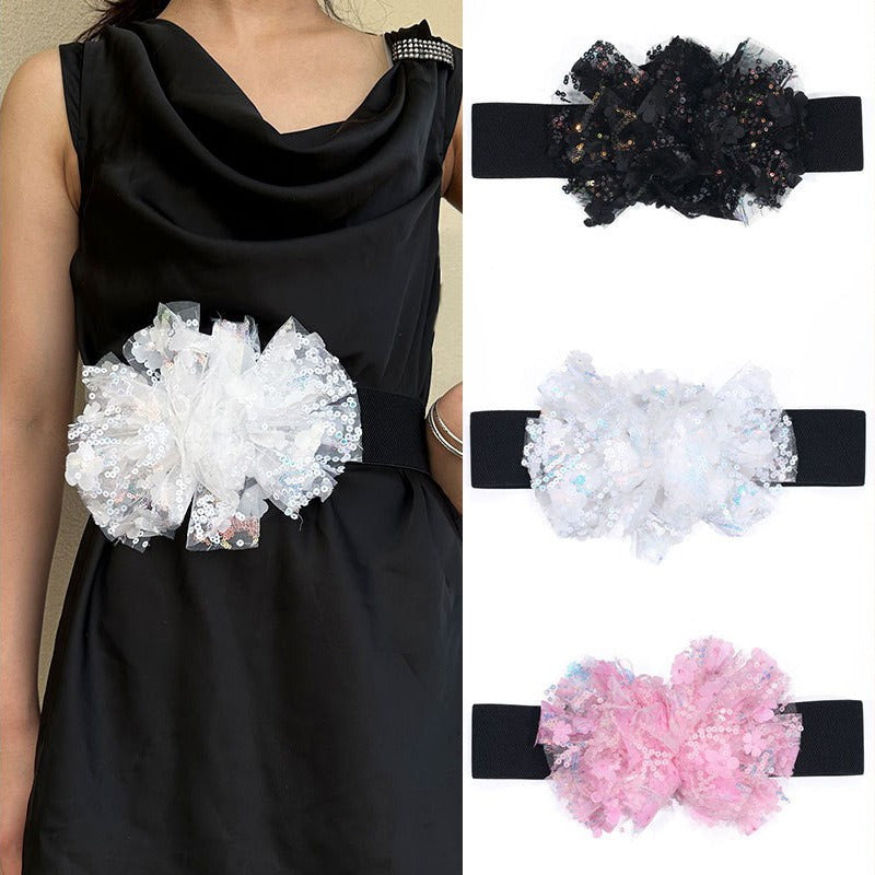 Sequin Flower Women's Thick Belt Versatile Elastic Waistband