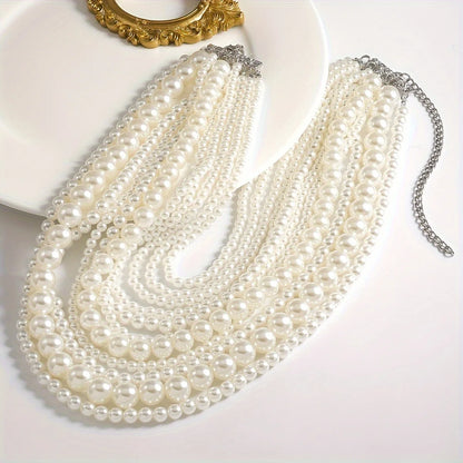 Exaggerated Elegent Multilayer Faux Pearl Crystal Necklace Women's Long Pearl Handmade Accessory