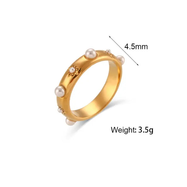 18K Gold Plated Green Zircon Pearl Rings For Women Waterproof Hypoallergenic Dainty Gold Ring Stainless Steel Jewelry